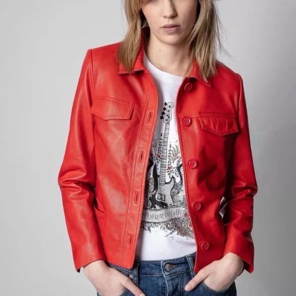 Zadig & Voltaire Liam Cuir Red Leather Jacket - Picture 14 of 15